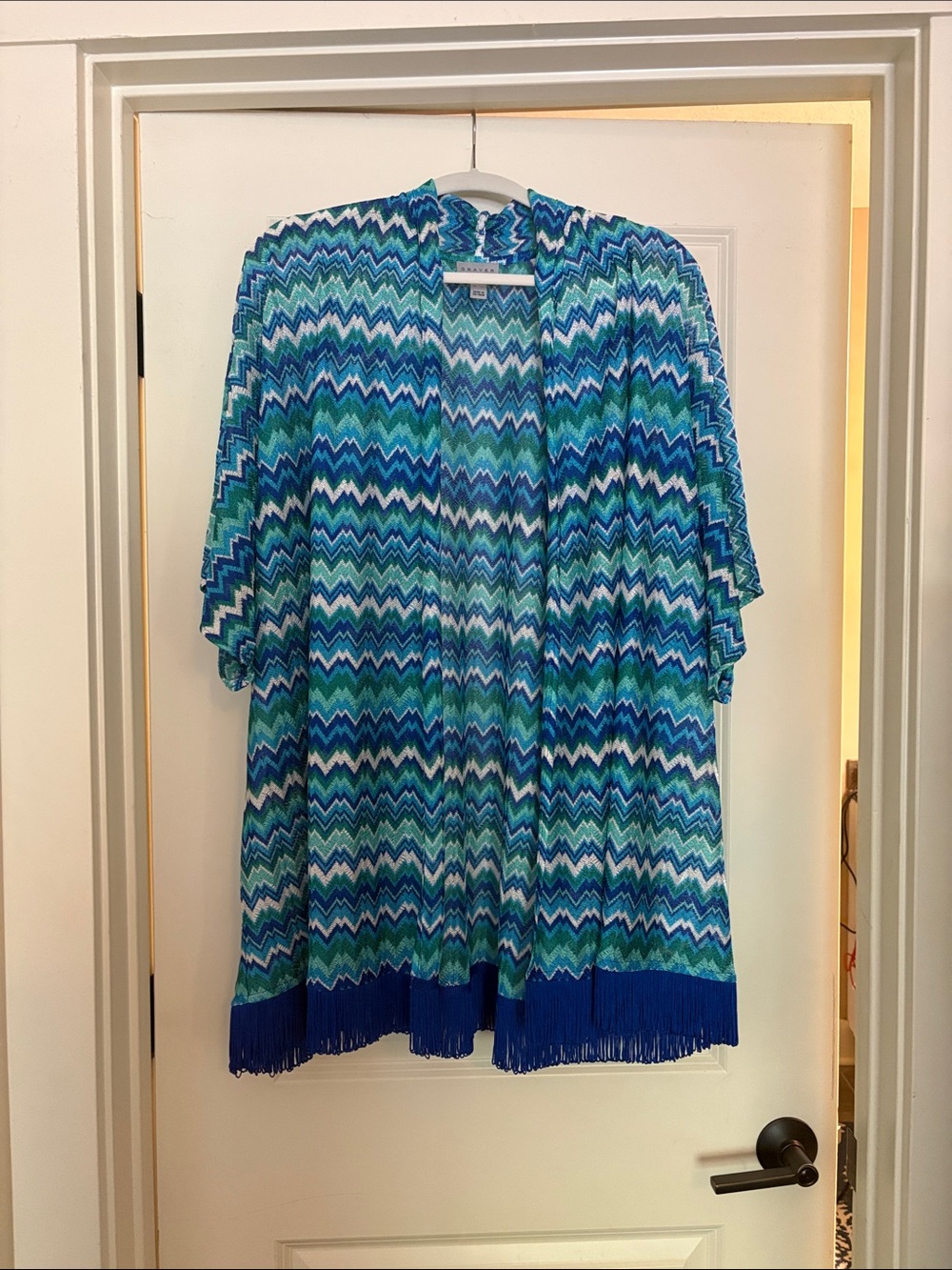 Susan Graver Blue & Teal Chevron Fringe Kimono